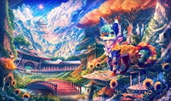 Size: 1700x1000 | Tagged: safe, artist:terenryrm, canine, fictional species, fox, mammal, sparkle dog, feral, 2020, ambiguous gender, bridge, clothes, cloud, color porn, flower, looking at you, moon, river, scarf, scenery, scenery porn, signature, solo, solo ambiguous, standing, sunflower