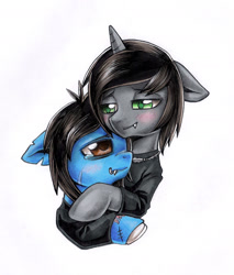 Size: 1417x1660 | Tagged: safe, artist:ailish, equine, fictional species, mammal, pony, undead, unicorn, zombie, zombie pony, feral, bring me the horizon, friendship is magic, hasbro, kellin quinn, my little pony, oliver sykes, sleeping with sirens, 2020, black hair, black mane, bloodshot eyes, blue fur, blushing, bone, brown eyes, brown hair, brown mane, bust, clothes, colored pupils, commission, crying, disguise, disguised siren, duo, fangs, feralized, floppy ears, fur, furrified, gray fur, green eyes, hair, hooves, horn, hug, jewelry, lip piercing, male, male/male, mane, necklace, piercing, ponified, scar, shirt, simple background, slit pupils, spiral horn, stallion, stitches, t-shirt, tattoo, teeth, topwear, torn ear, traditional art, white background, ych result