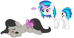 Size: 6900x3525 | Tagged: safe, artist:djdavid98, octavia melody (mlp), vinyl scratch (mlp), earth pony, equine, fictional species, mammal, pony, unicorn, feral, friendship is magic, hasbro, my little pony, 2017, absurd resolution, blue hair, bow, bow tie, clothes, cutie mark, duo, duo female, eyes closed, female, females only, floppy ears, fur, glowing, glowing horn, gray fur, gray hair, hair, hooves, horn, levitation, lying down, magenta eyes, magic, open mouth, prank, prone, raised leg, simple background, sleeping, tail, tail bow, telekinesis, tongue, tongue out, transparent background, vector, white fur