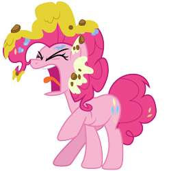 Size: 5000x5000 | Tagged: safe, artist:djdavid98, pinkie pie (mlp), earth pony, equine, fictional species, mammal, pony, feral, friendship is magic, hasbro, my little pony, 2017, absurd resolution, cutie mark, eyes closed, female, fur, furious, hair, hooves, leaning back, messy, messy hair, on model, open mouth, pink fur, pink hair, raised leg, simple background, solo, solo female, tail, teeth, tongue, tongue out, transparent background, vector, yelling