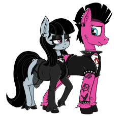 Size: 3876x3543 | Tagged: safe, artist:paskanaakka, oc, oc only, oc:goth lass, oc:punk dude, earth pony, equine, fictional species, mammal, pony, feral, friendship is magic, hasbro, my little pony, 2020, anarchist logo, bags under eyes, black hair, black mane, black tail, blue eyes, blue fur, bottomwear, bridge piercing, choker, clothes, commission, cutie mark, digital art, duo, dyed hair, dyed mane, dyed tail, ear fluff, ear piercing, earring, eyebrow piercing, eyeliner, eyeshadow, father, female, feral/feral, fluff, frowning, fur, gauges, gem, goth, hair, high res, hooves, husband and wife, jacket, jewelry, leather jacket, lidded eyes, lip piercing, long sleeves, looking at each other, makeup, male, male/female, mane, mare, mohawk, mother, nose piercing, piercing, pink eyes, pink fur, punk, safety pin, shipping, shirt, simple background, skirt, sleeveless, smiling, snake bites, stallion, standing, studded bracelet, t-shirt, tail, tail band, tattoo, topwear, transparent background, transparent skirt, undershirt, unshorn fetlocks