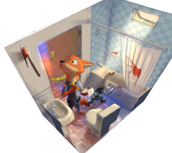 Size: 2788x2480 | Tagged: safe, artist:vulpesvant, judy hopps (zootopia), nick wilde (zootopia), canine, fox, lagomorph, mammal, rabbit, red fox, anthro, disney, zootopia, axe, bathroom, bathtub, blood, cheek fluff, clothes, crime scene, curtain, detailed background, door, duo, female, fluff, frowning, hand hold, high angle, high res, holding, indoors, kneeling, looking at something, male, paws, raised head, sink, standing, sunbeam, taking a photo, toilet, uniform, weapon, window, writing