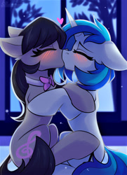 Size: 975x1350 | Tagged: safe, artist:shadowreindeer, octavia melody (mlp), vinyl scratch (mlp), earth pony, equine, fictional species, mammal, pony, unicorn, feral, friendship is magic, hasbro, my little pony, 2020, blushing, bow, cuddling, digital art, duo, duo female, eyes closed, female, female/female, females only, feral/feral, heart, horn, hug, kissing, mare, night, passionate, scratchtavia (mlp), shipping, ungulate