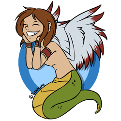 Size: 2756x2756 | Tagged: safe, artist:kristein, oc, oc only, oc:serpente itova, fictional species, mammal, reptile, snake, humanoid, lamia, abstract background, ambiguous gender, eyes closed, feathered wings, feathers, grin, hair, high res, nudity, signature, smiling, snake tail, solo, solo ambiguous, spread wings, tail, winged humanoid, wings