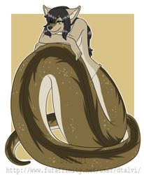Size: 3000x3649 | Tagged: safe, artist:dtalvi, canine, fictional species, mammal, reptile, snake, anthro, lamia, abstract background, black hair, breasts, draconcopode, ears, eye through hair, eyebrow through hair, eyebrows, female, hair, hair over one eye, high res, nudity, scales, sideboob, smiling, snake tail, solo, solo female, tail, watermark
