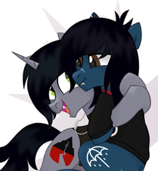 Size: 2349x2537 | Tagged: safe, artist:qehvi, equine, fictional species, mammal, pony, undead, unicorn, zombie, zombie pony, feral, bring me the horizon, friendship is magic, hasbro, kellin quinn, my little pony, oliver sykes, sleeping with sirens, 2020, black hair, black mane, black tail, blue fur, brown eyes, brown hair, brown mane, brown tail, chipped tooth, clothes, commission, cutie mark, digital art, disguise, disguised siren, duo, fangs, feral/feral, fur, glasgow smile, gray fur, green eyes, hair, happy, high res, hooves, horn, hug, jewelry, male, male/male, mane, necklace, open mouth, ponified, scar, shipping, shirt, simple background, slit pupils, smiling, spiral horn, stallion, stitches, t-shirt, tail, tattoo, teeth, topwear, torn ear, white background, ych result
