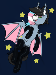 Size: 904x1200 | Tagged: safe, artist:buttsnep, oc, oc only, oc:starskipper, bat pony, equine, fictional species, mammal, pony, feral, friendship is magic, hasbro, my little pony, belly button, cutie mark, eyeshadow, fangs, female, flag, green eyes, latex stockings, makeup, multicolored mane, pride flag, simple background, solo, solo female, stars, teeth, transgender pride flag