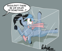 Size: 2634x2183 | Tagged: source needed, safe, artist:buttsnep, oc, oc only, oc:starskipper, bat pony, equine, fictional species, mammal, pony, feral, friendship is magic, hasbro, my little pony, bat wings, belly button, box, dialogue, female, frog (hoof), green eyes, gritted teeth, high res, hooves, mtf transgender, multicolored mane, ponytail, scared, simple background, solo, solo female, talking, transgender, underhoof, webbed wings, wings