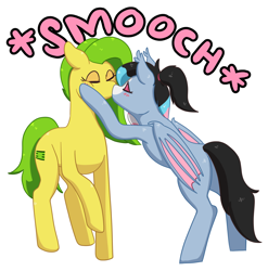 Size: 1266x1280 | Tagged: safe, artist:buttsnep, oc, oc:bit assembly, oc:starskipper, bat pony, earth pony, equine, fictional species, mammal, pony, feral, friendship is magic, hasbro, my little pony, blushing, cutie mark, duo, duo female, eyes closed, eyeshadow, female, female/female, female/mtf transgender, females only, feral/feral, kissing, makeup, mare, mtf transgender, shipping, simple background, text, transgender, transparent background