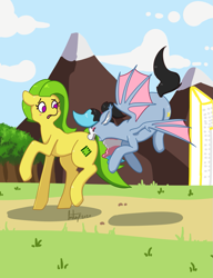 Size: 981x1280 | Tagged: safe, artist:buttsnep, oc, oc:bit assembly, oc:starskipper, bat pony, earth pony, equine, fictional species, mammal, pony, feral, friendship is magic, hasbro, my little pony, bat wings, blushing, building, cloud, concerned, cute, cutie mark, duo, fangs, female, field, flying, mountain, outdoors, path, teeth, tree, webbed wings, wings
