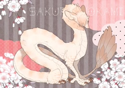 Size: 1414x1000 | Tagged: safe, artist:mee0118, dragon, feathered dragon, fictional species, sakurai, feral, abstract background, ambiguous gender, bird feet, claws, ear fluff, feathers, flower, fluff, hair, hair over one eye, long tail, neck fluff, sitting, solo, solo ambiguous, tail, tail feathers