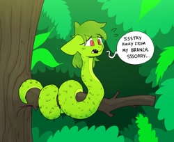 Size: 1280x1044 | Tagged: safe, artist:tallaferroxiv, equine, fictional species, hybrid, mammal, pony, reptile, snake, snake pony, feral, friendship is magic, hasbro, my little pony, 2020, abstract background, branch, coiling, female, floppy ears, hair, outdoors, red eyes, slit pupils, snake tail, solo, solo female, speech bubble, tail, talking, teeth, text, tree