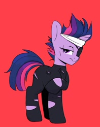 Size: 1280x1627 | Tagged: safe, artist:tallaferroxiv, twilight sparkle (mlp), equine, fictional species, mammal, pony, unicorn, feral, friendship is magic, hasbro, my little pony, bodysuit, clothes, eyepatch, female, future twilight sparkle, horn, red background, simple background, solo, solo female, tight clothing