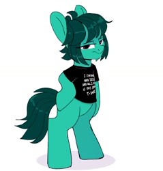 Size: 1280x1341 | Tagged: safe, artist:tallaferroxiv, oc, oc only, oc:talla mod, earth pony, equine, fictional species, mammal, pony, feral, friendship is magic, hasbro, my little pony, 2020, clothes, english text, female, simple background, solo, solo female, standing, t-shirt, text, topwear, white background