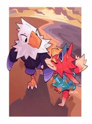 Size: 2365x3193 | Tagged: safe, artist:dar_alt, apollo (animal crossing), audie (animal crossing), bird, bird of prey, canine, eagle, fox, mammal, anthro, plantigrade anthro, animal crossing, animal crossing: new horizons, nintendo, 2d, beach, duo, duo male and female, female, happy, high res, holding, holding hands, male, male/female, smiling