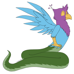 Size: 2700x2700 | Tagged: safe, artist:crufox, furbooru exclusive, oc, oc only, oc:gyro feather, oc:gyro feather (couatl), bird, couatl, feathered serpent, feline, fictional species, galliform, gryphon, mammal, peacock gryphon, peafowl, reptile, snake, feral, lamia, beak, bird feet, feathered wings, feathers, hand on hip, high res, male, signature, simple background, smiling, snake tail, solo, solo male, spread wings, tail, three-quarter view, transparent background, white outline, wings