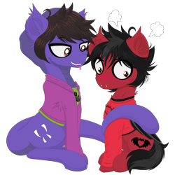 Size: 5000x5000 | Tagged: safe, artist:darkest-lunar-flower, bat pony, cobra, equine, fictional species, hybrid, mammal, pony, reptile, snake, snake pony, feral, cobra starship, fall out boy, friendship is magic, gabe saporta, hasbro, my little pony, pete wentz, 2020, absurd resolution, bat wings, bedroom eyes, black hair, black mane, black tail, blushing, brown eyes, cheek fluff, clothes, commission, cutie mark, digital art, duo, duo male, ear fluff, emo, eyeliner, fangs, fluff, folded wings, forked tongue, fur, hair, hood, hoodie, hooves, hug, looking down, makeup, male, males only, mane, messy mane, ponified, prehensile tail, purple fur, red fur, scales, shirt, simple background, sitting, snake tail, stallion, tail, tail hug, teeth, topwear, transparent background, undershirt, webbed wings, wings