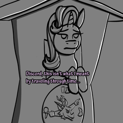 Size: 1000x1000 | Tagged: safe, artist:technocolt, starlight glimmer (mlp), equine, fictional species, mammal, pony, unicorn, feral, friendship is magic, hasbro, my little pony, 2020, atg 2020, black and white, female, frowning, gray background, grayscale, horn, mare, monochrome, newbie artist training grounds, not amused face, simple background, solo, solo female