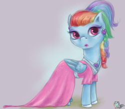 Size: 1800x1564 | Tagged: safe, artist:silver7aqua, rainbow dash (mlp), equine, fictional species, mammal, pegasus, pony, feral, friendship is magic, hasbro, my little pony, 2020, atg 2020, clothes, dress, ear piercing, feathered wings, feathers, female, folded wings, hair, lipstick, makeup, mare, newbie artist training grounds, piercing, rainbow hair, rainbow mane, solo, solo female, tomboy taming, watermark, wings