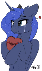 Size: 3000x5085 | Tagged: safe, artist:arjinmoon, edit, princess luna (mlp), alicorn, equine, fictional species, mammal, pony, feral, friendship is magic, hasbro, my little pony, belly button, chocolate, color edit, crying, cute, female, food, heart, high res, horn, mare, signature, simple background, solo, solo female, white background