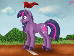 Size: 1600x1200 | Tagged: safe, artist:lennystendhal13, twilight sparkle (mlp), equine, fictional species, mammal, pony, unicorn, feral, friendship is magic, hasbro, my little pony, 2020, atg 2020, barn, female, flag, ground, hooves, horn, mare, newbie artist training grounds, signature, solo, solo female, tail, tree, unshorn fetlocks, watermark