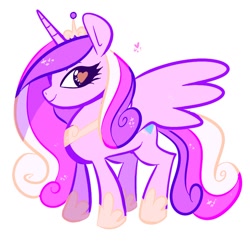 Size: 800x800 | Tagged: safe, artist:gooomys, princess cadence (mlp), alicorn, equine, fictional species, mammal, pony, feral, friendship is magic, hasbro, my little pony, crown, female, heart, heart eyes, hoof shoes, horn, looking at you, mare, regalia, simple background, smiling, solo, solo female, sparkly hair, sparkly mane, sparkly tail, tail, white background, wingding eyes
