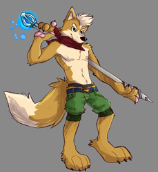 Size: 1053x1151 | Tagged: safe, artist:bactover, fox mccloud (star fox), canine, fox, mammal, anthro, digitigrade anthro, nintendo, star fox, bandanna, belly button, bottomwear, cheek fluff, claws, clothes, fluff, glowing, gray background, hair, hand hold, holding, male, partial nudity, paw pads, paws, shorts, shoulder fluff, simple background, solo, solo male, staff, tail, topless