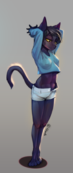 Size: 598x1408 | Tagged: suggestive, artist:feliscede, oc, oc only, oc:felix, cat, feline, mammal, anthro, digitigrade anthro, arms behind head, bottomwear, breasts, clothes, female, hair, paws, shirt, shorts, signature, solo, solo female, tail, topwear, yellow eyes