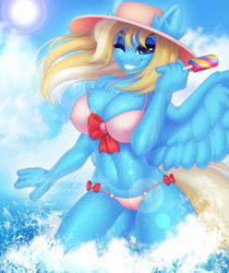 Size: 1027x1223 | Tagged: suggestive, artist:kiliankuro, oc, oc only, equine, fictional species, mammal, pegasus, pony, anthro, big breasts, bikini, breasts, clothes, cloud, commission, ear fluff, feathered wings, feathers, female, fluff, hair, hand hold, hat, holding, lens flare, partially submerged, signature, smiling, solo, solo female, spread wings, water, watermark, wings, ych result
