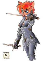 Size: 600x850 | Tagged: safe, artist:ciaran, animal humanoid, cat, feline, fictional species, mammal, humanoid, armor, cat ears, colored, dagger, female, line art, looking at you, parrying dagger, plate armor, pointing at you, simple background, smiling, solo, solo female, sword