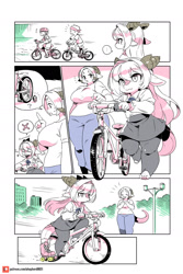 Size: 1300x1945 | Tagged: safe, artist:shepherd0821, oc, oc:beth (shepherd0821), oc:levia, dragon, fictional species, reptile, anthro, modern mogal, 2020, bicycle, big breasts, breasts, child, comic, daughter, dragoness, female, mother, mother and child, mother and daughter, young