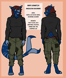 Size: 1520x1800 | Tagged: safe, artist:pitfallpup, oc, oc only, fish, shark, anthro, digitigrade anthro, bottomwear, breasts, clothes, female, fins, fish tail, pants, reference sheet, shark tail, smiling, solo, solo female, tail, text