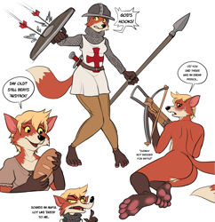 Size: 2149x2222 | Tagged: suggestive, artist:pitfallpup, oc, oc only, canine, fox, mammal, anthro, plantigrade anthro, arrows, bread, breasts, bust, butt, clothes, crossbow, female, food, high res, nudity, paw feet, paw pads, paws, shield, sitting, solo, solo female, talking, underpaw, weapon