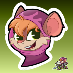Size: 1560x1573 | Tagged: safe, artist:binkyt11, ember (brawlhalla), mammal, mouse, rodent, anthro, brawlhalla, bust, cheek fluff, female, fluff, gradient background, hood, murine, solo, solo female, species swap