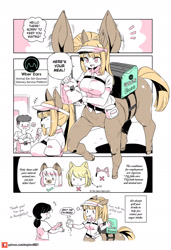 Size: 1280x1874 | Tagged: safe, artist:shepherd0821, animal humanoid, centaur, equine, fictional species, human, mammal, humanoid, taur, modern mogal, animal ears, blep, blushing, breasts, close-up, comic, delivery service, drink, dripping, english text, female, group, hair, hooves, male, milk, milk tea, patreon logo, tail, tea, tongue, tongue out
