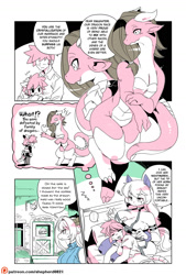Size: 1200x1775 | Tagged: suggestive, artist:shepherd0821, dragon, fictional species, human, mammal, nightmare (creature), reptile, anthro, modern mogal, 2019, big breasts, breasts, comic, dragoness, female, half-dragon, horns, maid cafe, male, nightmare