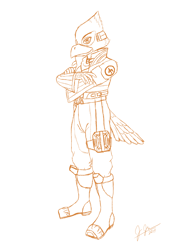 Size: 3508x4960 | Tagged: safe, artist:legatusflagrans, falco lombardi (star fox), bird, bird of prey, falcon, anthro, plantigrade anthro, nintendo, star fox, absurd resolution, boots, clothes, crossed arms, digital art, fanart, feathers, looking at you, male, monochrome, sci-fi, shoes, signature, simple background, sketch, solo, solo male, standing, tail, tail feathers, white background