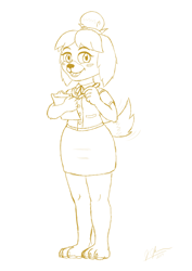Size: 3508x4960 | Tagged: safe, artist:legatusflagrans, isabelle (animal crossing), canine, dog, mammal, shih tzu, anthro, plantigrade anthro, animal crossing, nintendo, barefoot, bottomwear, clipboard, clothes, digital art, fanart, female, looking at you, monochrome, pen, sketch, skirt, smiling, solo, solo female, tail, tail wag