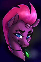 Size: 2556x3862 | Tagged: safe, artist:topicranger, tempest shadow (mlp), equine, fictional species, mammal, pony, unicorn, ambiguous form, friendship is magic, hasbro, my little pony, my little pony: the movie, 2020, amulet, blue eyes, broken horn, eyebrows, female, high res, horn, jewelry, krita, looking at you, necklace, scratches, seductive look, simple background, smug, solo, solo female, watermark