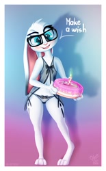 Size: 1027x1654 | Tagged: suggestive, artist:omi, oc, oc only, oc:cindy, oc:cindy (omi), lagomorph, mammal, rabbit, anthro, birthday, birthday cake, blue eyes, blushing, cake, candle, clothes, ears, female, food, fur, glasses, meganekko, nightgown, panties, paws, pepe the frog, solo, solo female, standing, underwear, white body, white fur
