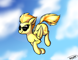 Size: 3176x2456 | Tagged: safe, artist:topicranger, spitfire (mlp), equine, fictional species, mammal, pegasus, pony, feral, friendship is magic, hasbro, my little pony, cloud, cloudy, feathered wings, feathers, female, flying, fur, glasses, hair, happy, high res, looking up, orange eyes, orange hair, signature, sky, smiling, solo, solo female, sunglasses, tail, wings, yellow fur, yellow hair