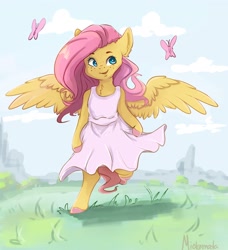 Size: 2406x2638 | Tagged: safe, artist:miokomata, fluttershy (mlp), arthropod, butterfly, equine, fictional species, insect, mammal, pegasus, pony, anthro, friendship is magic, hasbro, my little pony, anthrofied, clothes, dress, fangs, female, freckles, grass, high res, mare, signature, smiling, solo, solo female, teeth