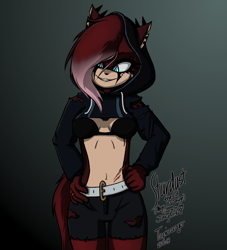 Size: 1300x1432 | Tagged: safe, artist:topicranger, oc, oc only, cat, feline, hybrid, mammal, anthro, sega, sonic the hedgehog (series), 2019, belt, bra, breasts, clothes, cyan eyes, english text, eyelashes, female, fur, gradient background, gradient eyes, gradient hair, grin, hair, hand on hip, hood, jean shorts, legwear, long hair, looking down, looking down at you, pentagram, pointy ears, red fur, red hair, ring, scar, shirt, signature, solo, solo female, standing, stomach, tail, tattoo, text, topwear, underwear