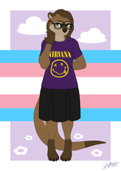 Size: 3508x4960 | Tagged: safe, artist:legatusflagrans, oc, oc only, oc:maria (bustedconscious), mammal, mustelid, otter, anthro, digitigrade anthro, absurd resolution, barefoot, bottomwear, clothes, digital art, glasses, looking at you, mtf transgender, nirvana, nonbinary, simple background, skirt, slightly chubby, solo, trans flag, transgender