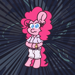 Size: 1150x1150 | Tagged: safe, artist:threetwotwo32232, pinkie pie (mlp), earth pony, equine, fictional species, mammal, pony, feral, friendship is magic, hasbro, my little pony, 2020, atg 2020, bipedal, clothes, female, hair, mare, meme, newbie artist training grounds, pink hair, pink mane, solo, solo female, wristwatch, you know i had to do it to em