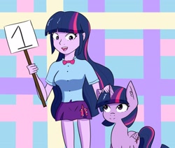 Size: 2556x2164 | Tagged: safe, artist:artiks, twilight sparkle (mlp), alicorn, equine, fictional species, human, mammal, pony, unicorn, feral, equestria girls, friendship is magic, hasbro, my little pony, 2020, atg 2020, bottomwear, clothes, duo, duo female, feathered wings, feathers, female, folded wings, high res, horn, mare, newbie artist training grounds, self paradox, shirt, shorts, smiling, topwear, wings