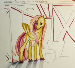 Size: 1024x937 | Tagged: safe, artist:ponystrange, fluttershy (mlp), equine, fictional species, mammal, pegasus, pony, feral, friendship is magic, hasbro, my little pony, 2020, atg 2020, barn, feathered wings, feathers, female, hair, newbie artist training grounds, pink hair, pink mane, solo, solo female, tail, traditional art, wings