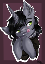 Size: 2480x3507 | Tagged: safe, artist:yukiooo, equine, fictional species, mammal, pony, unicorn, feral, friendship is magic, hasbro, kellin quinn, my little pony, sleeping with sirens, 2020, bust, clothes, commission, digital art, disguise, disguised siren, ear fluff, fangs, fluff, fur, gray fur, green eyes, hair, hair over one eye, high res, hooves, horn, jewelry, licking, licking lips, male, necklace, ponified, shirt, solo, solo male, spiral horn, stallion, t-shirt, teeth, tongue, tongue out, topwear, ych result