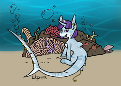 Size: 1200x849 | Tagged: safe, artist:buttsnep, oc, oc only, oc:killi thaum, equine, fictional species, fish, hybrid, mammal, mollusk, pony, shark, shark pony, unicorn, feral, friendship is magic, hasbro, my little pony, body markings, bubbles, chest fluff, coral, ear piercing, female, fluff, horn, jewelry, looking at you, mare, oyster, pearl, piercing, purple eyes, purple mane, shark tail, sharp teeth, simple background, solo, solo female, tail, teeth, underwater, water