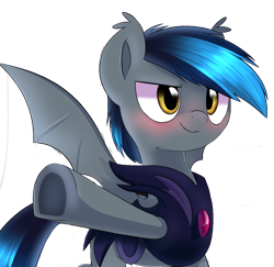 Size: 1020x990 | Tagged: safe, alternate version, artist:php69, artist:skaterpony, royal guard (mlp), oc, oc only, oc:styxus, bat, bat pony, equine, fictional species, mammal, pony, feral, friendship is magic, hasbro, my little pony, armor, bat wings, blushing, cute, ear tuft, gem, gem in armor, guard, hair, hooves, male, night guard, raised leg, royal guard, salute, solo, solo male, webbed wings, wings, yellow eyes
